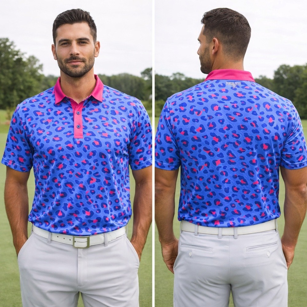 Pins‎ & Aces Golf Polo XL Blue Pink Leopard Crazy Cat Performance Shirt SPF 45+